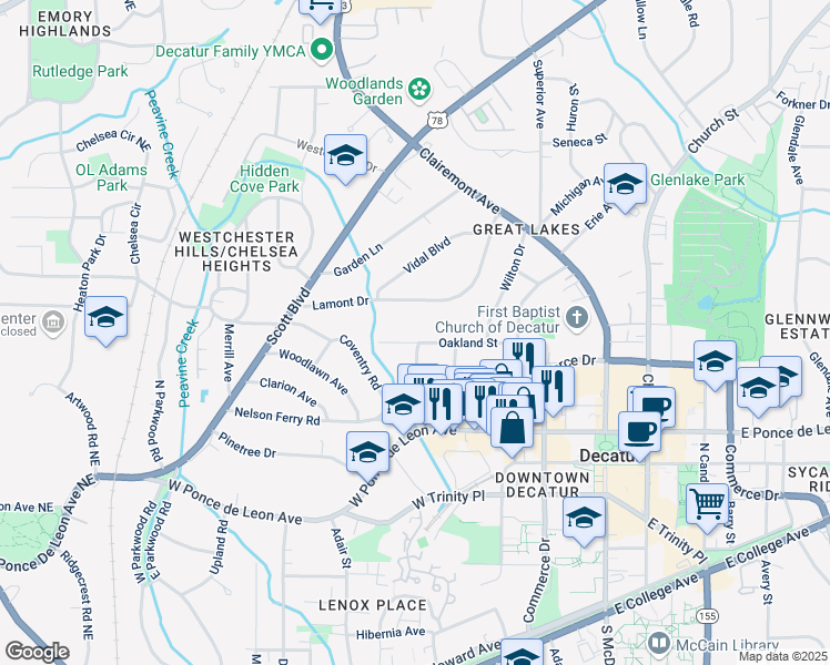 map of restaurants, bars, coffee shops, grocery stores, and more near 407 Oakland Street in Decatur