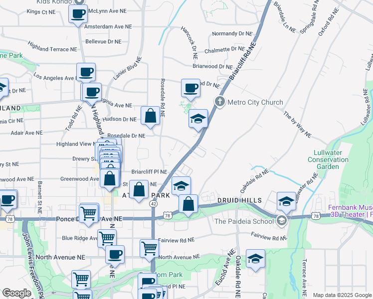 map of restaurants, bars, coffee shops, grocery stores, and more near 872 Briarcliff Road Northeast in Atlanta