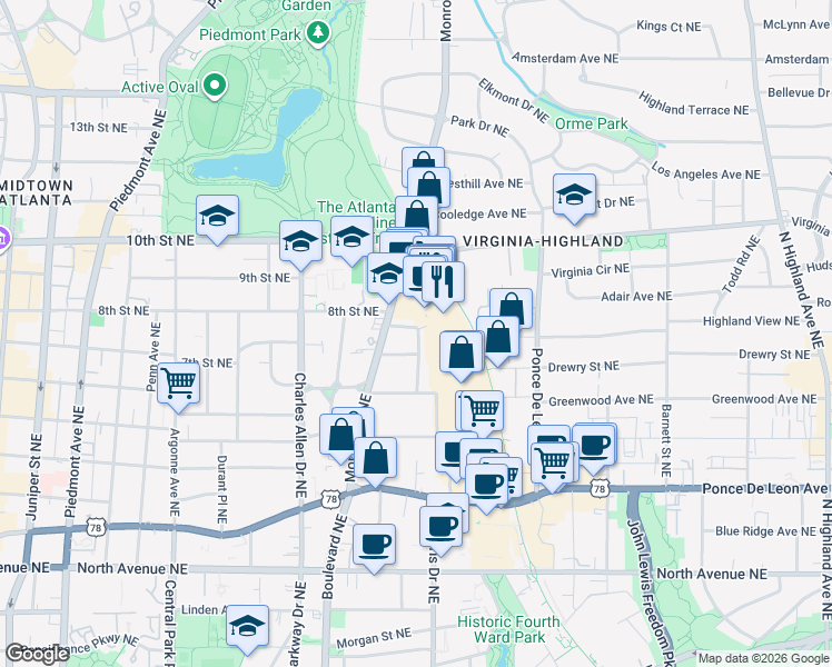 map of restaurants, bars, coffee shops, grocery stores, and more near 877 Monroe Drive Northeast in Atlanta
