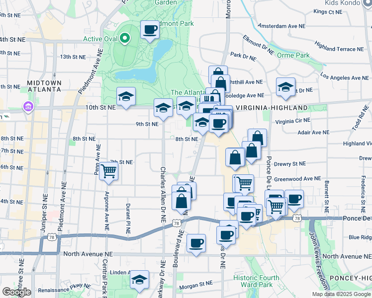 map of restaurants, bars, coffee shops, grocery stores, and more near 503 Midtown Place in Atlanta