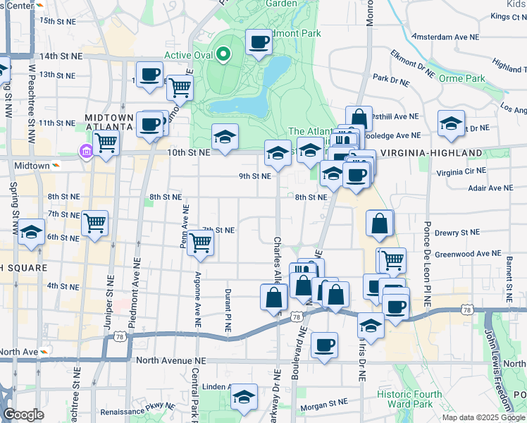 map of restaurants, bars, coffee shops, grocery stores, and more near 421 7th Street Northeast in Atlanta