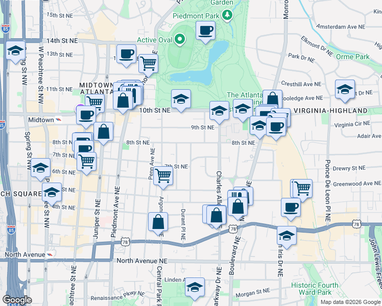 map of restaurants, bars, coffee shops, grocery stores, and more near 374 7th Street Northeast in Atlanta