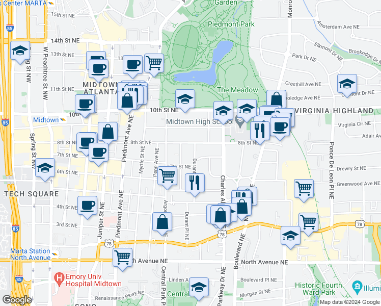 map of restaurants, bars, coffee shops, grocery stores, and more near 374 7th Street Northeast in Atlanta