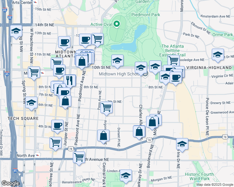 map of restaurants, bars, coffee shops, grocery stores, and more near 870 Glendale Terrace Northeast in Atlanta