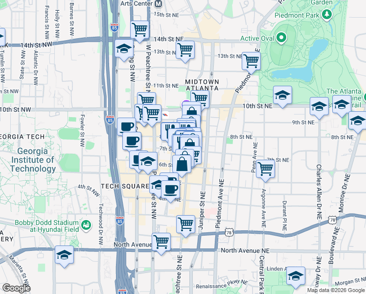 map of restaurants, bars, coffee shops, grocery stores, and more near 878 Peachtree Street Northeast in Atlanta