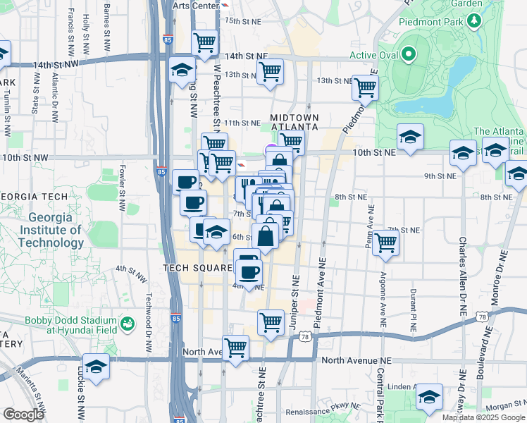 map of restaurants, bars, coffee shops, grocery stores, and more near 870 Peachtree Street Northeast in Atlanta