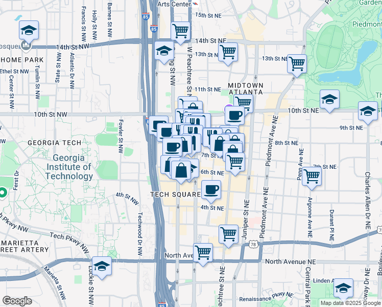 map of restaurants, bars, coffee shops, grocery stores, and more near 885 West Peachtree Street Northwest in Atlanta