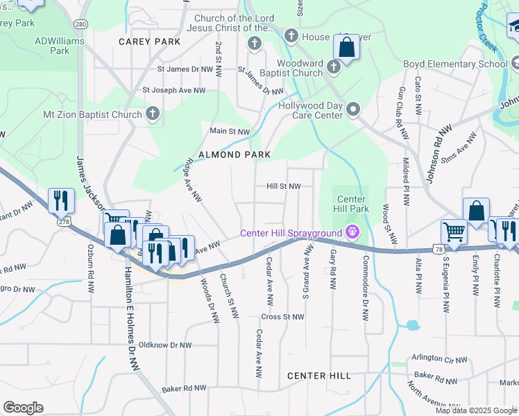 map of restaurants, bars, coffee shops, grocery stores, and more near 2386 Dupree Avenue Northwest in Atlanta