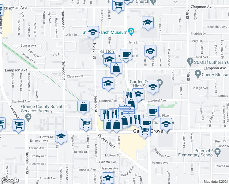 map of restaurants, bars, coffee shops, grocery stores, and more near 12671 Main Street in Garden Grove