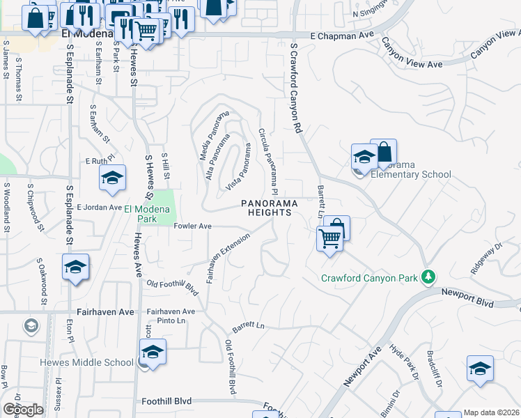 map of restaurants, bars, coffee shops, grocery stores, and more near 12226 Circula Panorama Place in Santa Ana