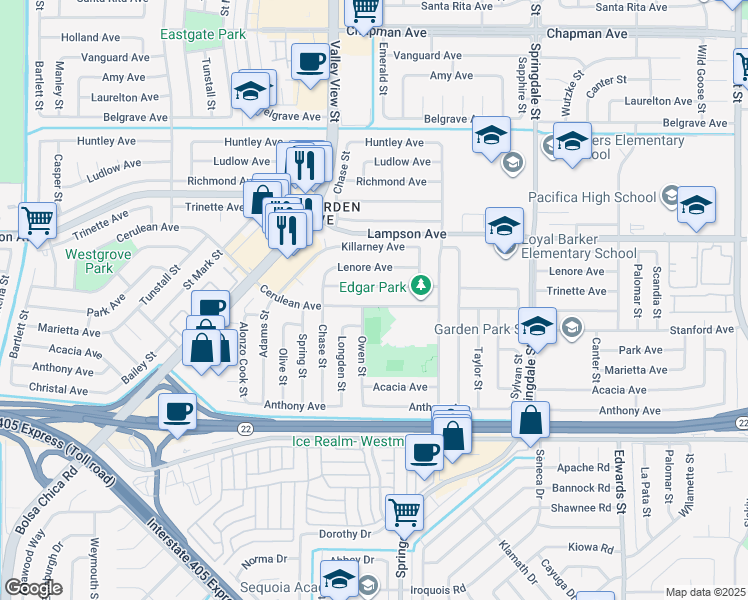 map of restaurants, bars, coffee shops, grocery stores, and more near 6091 Cerulean Avenue in Garden Grove