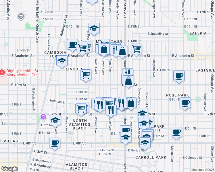 map of restaurants, bars, coffee shops, grocery stores, and more near 1724 East 10th Street in Long Beach