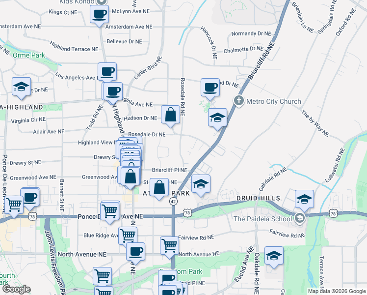 map of restaurants, bars, coffee shops, grocery stores, and more near 879 Rosedale Road Northeast in Atlanta