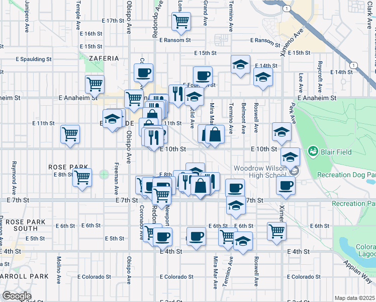 map of restaurants, bars, coffee shops, grocery stores, and more near 3624 East 10th Street in Long Beach