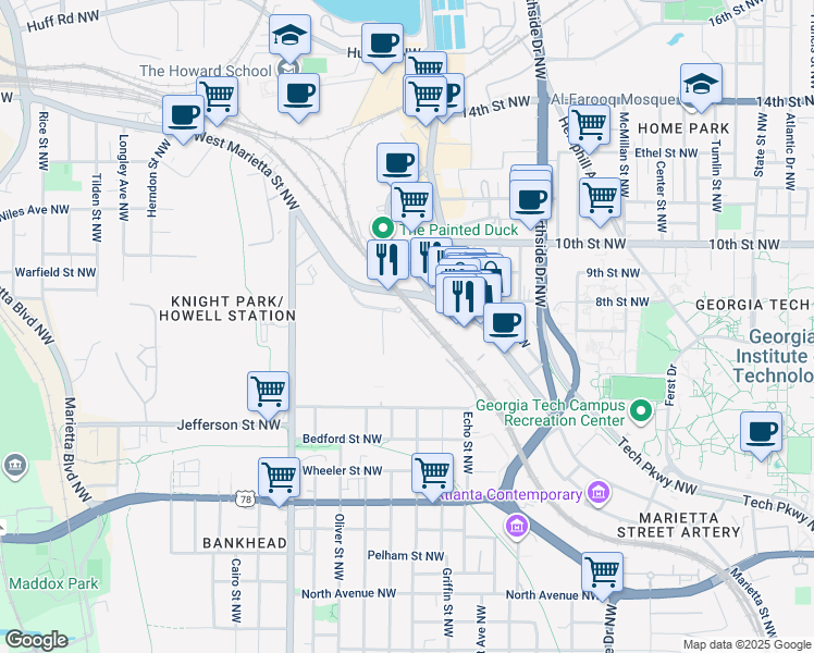 map of restaurants, bars, coffee shops, grocery stores, and more near 800 West Marietta Street Northwest in Atlanta