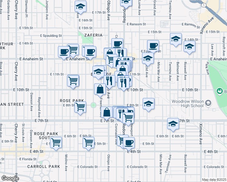 map of restaurants, bars, coffee shops, grocery stores, and more near 3222 East 10th Street in Long Beach