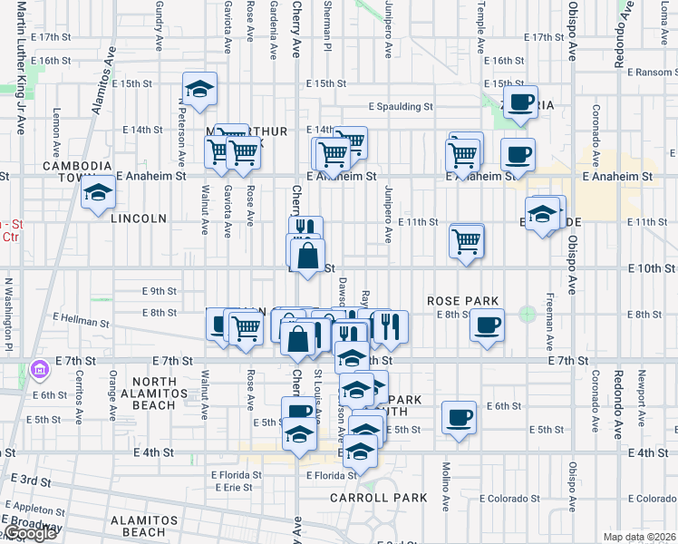 map of restaurants, bars, coffee shops, grocery stores, and more near 909 Dawson Avenue in Long Beach
