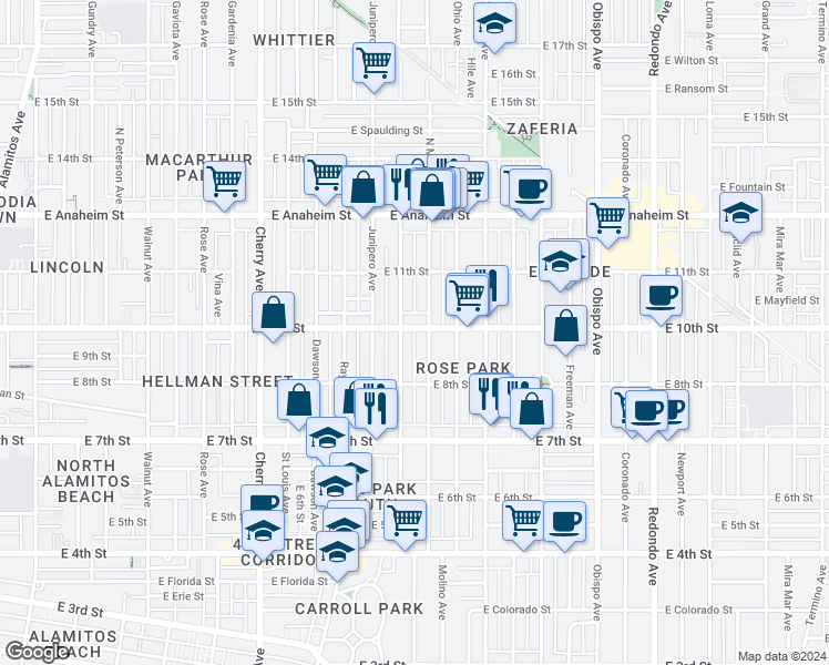 map of restaurants, bars, coffee shops, grocery stores, and more near 2530 East 10th Street in Long Beach