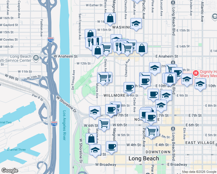 map of restaurants, bars, coffee shops, grocery stores, and more near 534 West 10th Street in Long Beach