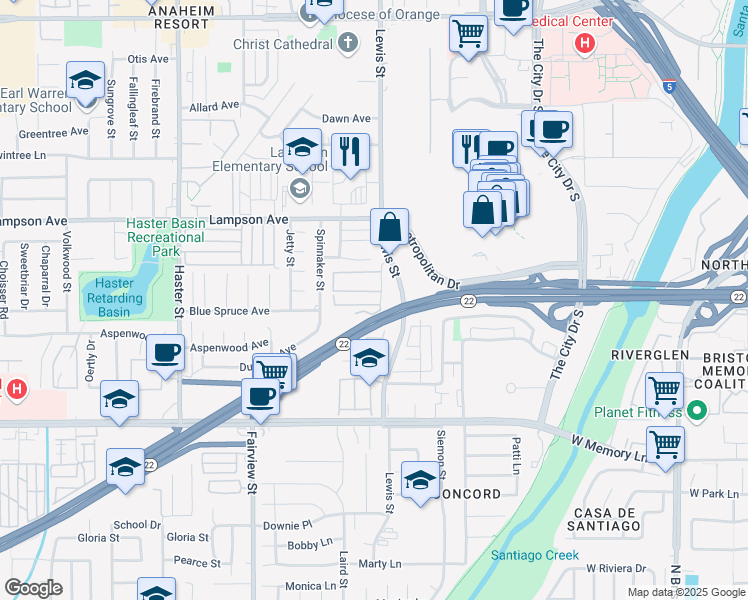 map of restaurants, bars, coffee shops, grocery stores, and more near 12691 S Lewis St in Garden Grove