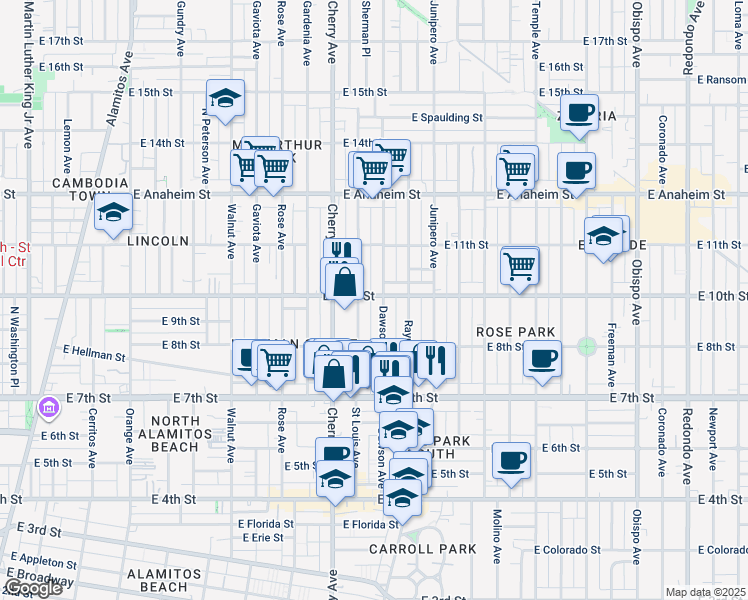 map of restaurants, bars, coffee shops, grocery stores, and more near 2122 East 10th Street in Long Beach