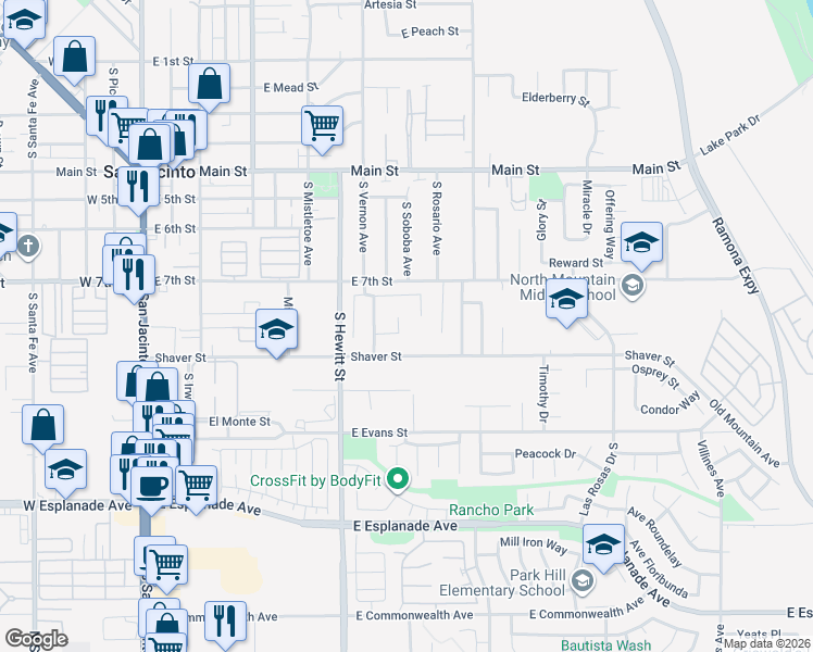 map of restaurants, bars, coffee shops, grocery stores, and more near 668 Kesha Court in San Jacinto
