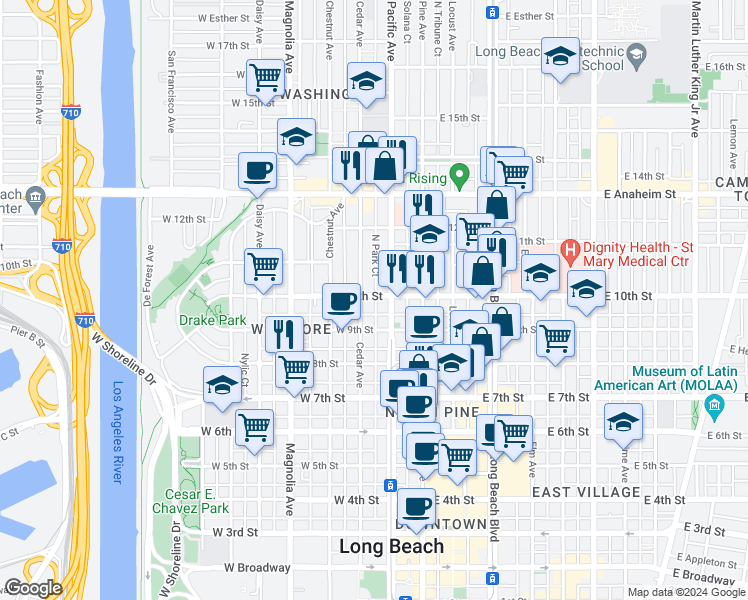 map of restaurants, bars, coffee shops, grocery stores, and more near 985 North Park Court in Long Beach