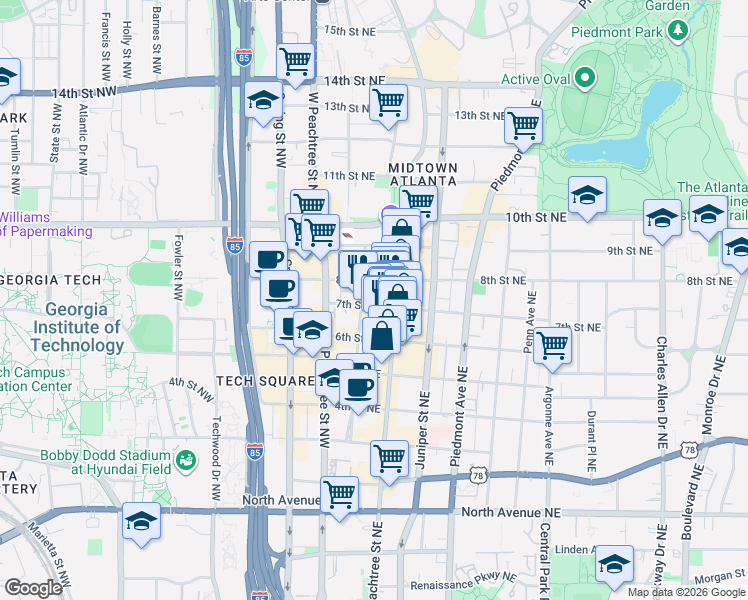 map of restaurants, bars, coffee shops, grocery stores, and more near 860 Peachtree Street Northeast in Atlanta