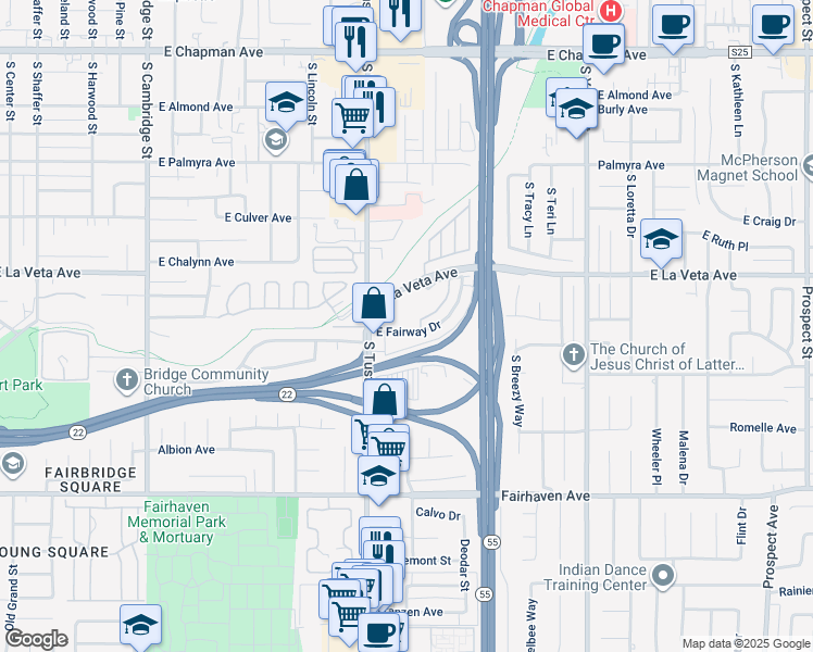 map of restaurants, bars, coffee shops, grocery stores, and more near 1800 East La Veta Avenue in Orange