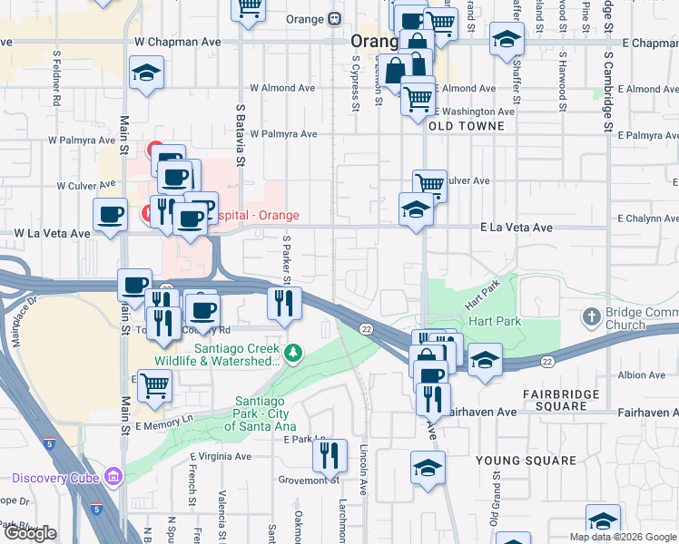 map of restaurants, bars, coffee shops, grocery stores, and more near 602 South Cypress Street in Orange