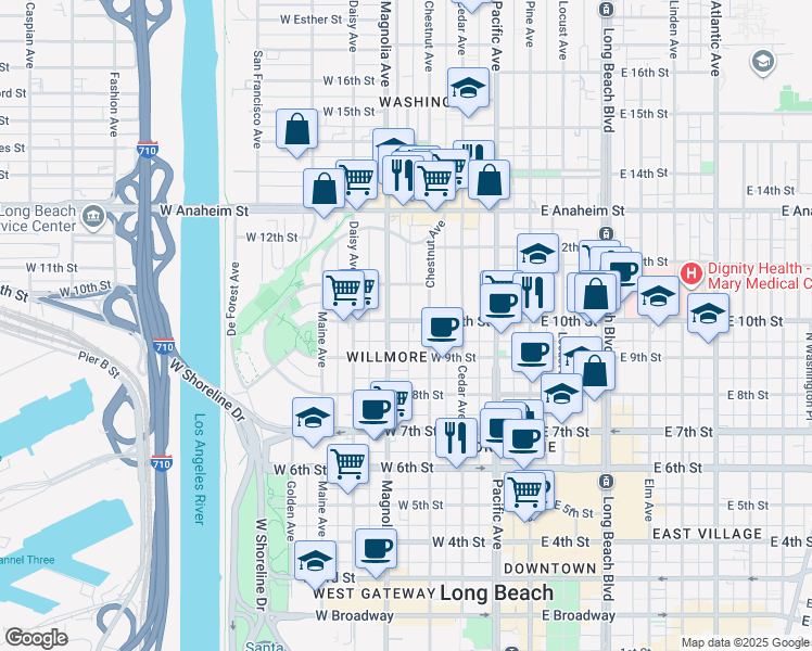 map of restaurants, bars, coffee shops, grocery stores, and more near 432 West 10th Street in Long Beach