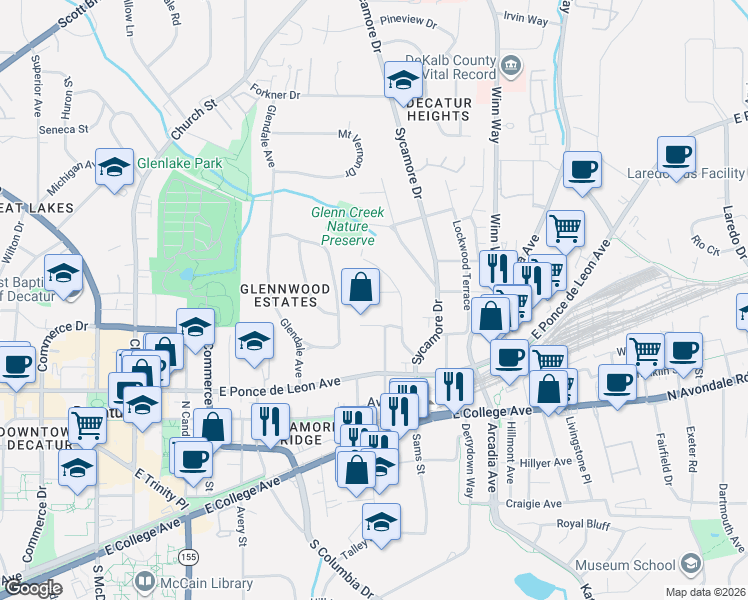 map of restaurants, bars, coffee shops, grocery stores, and more near 121 Springdale Street in Decatur