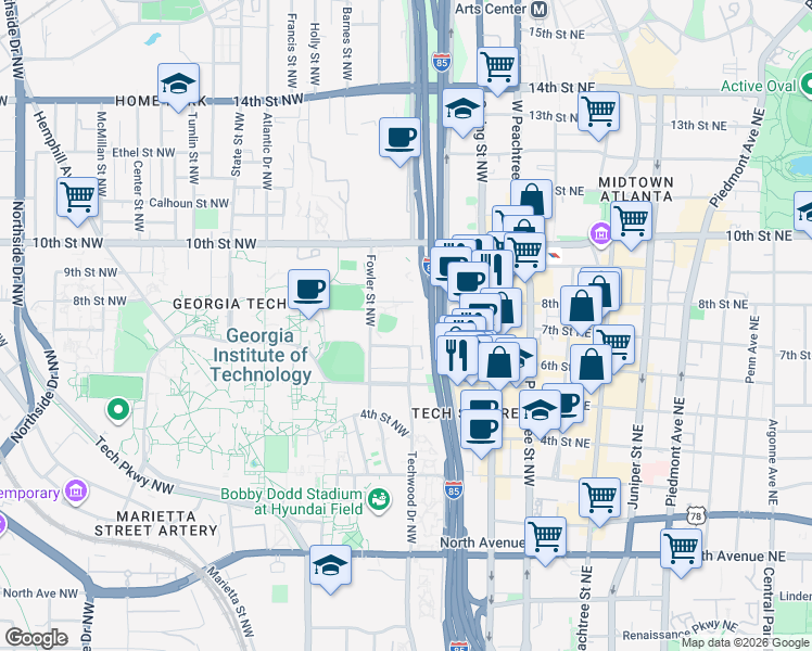 map of restaurants, bars, coffee shops, grocery stores, and more near 151 6th Street Northwest in Atlanta
