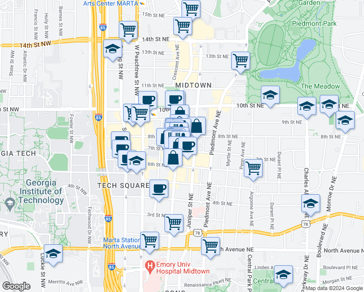 map of restaurants, bars, coffee shops, grocery stores, and more near 240 Peachtree St in Atlanta