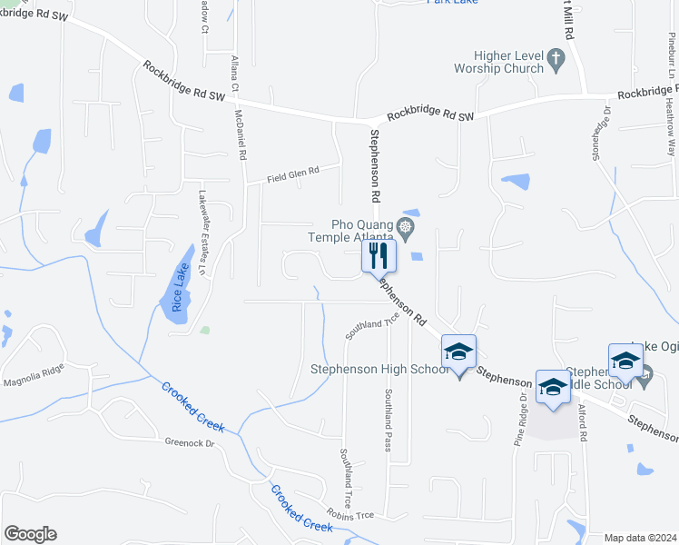 map of restaurants, bars, coffee shops, grocery stores, and more near 675 Conisburgh Court in Stone Mountain