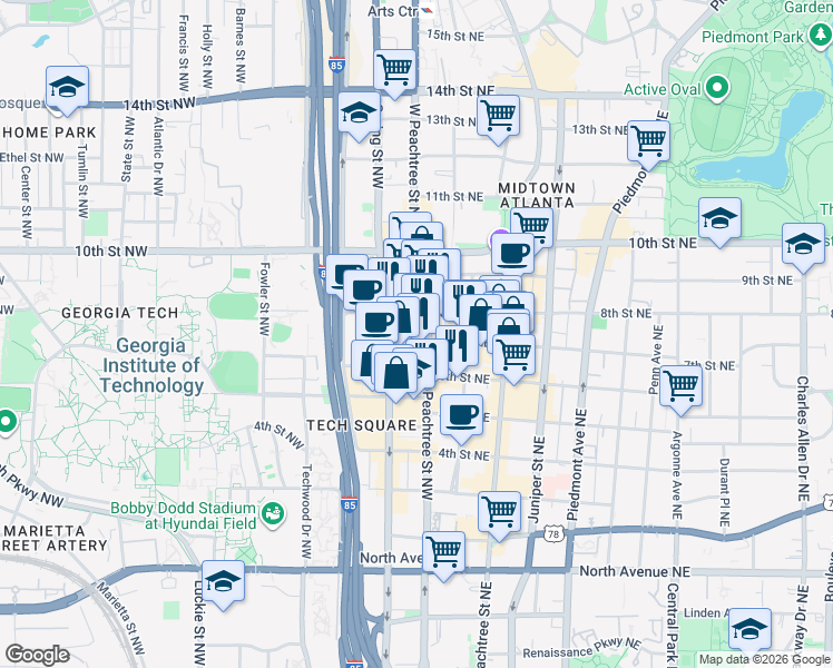 map of restaurants, bars, coffee shops, grocery stores, and more near 885 West Peachtree Street Northwest in Atlanta