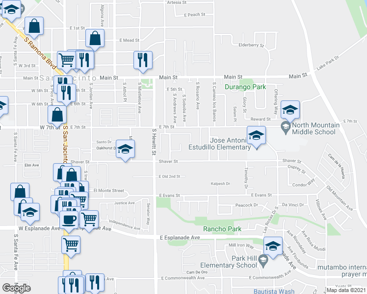 map of restaurants, bars, coffee shops, grocery stores, and more near 668 Kesha Court in San Jacinto