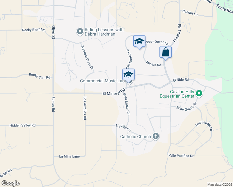 map of restaurants, bars, coffee shops, grocery stores, and more near 17409 El Mineral Road in Perris