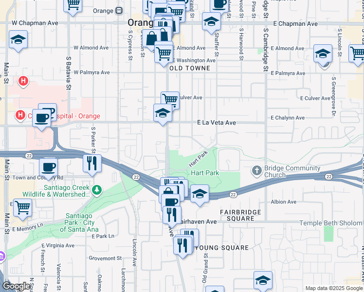 map of restaurants, bars, coffee shops, grocery stores, and more near 637 South Orange Street in Orange