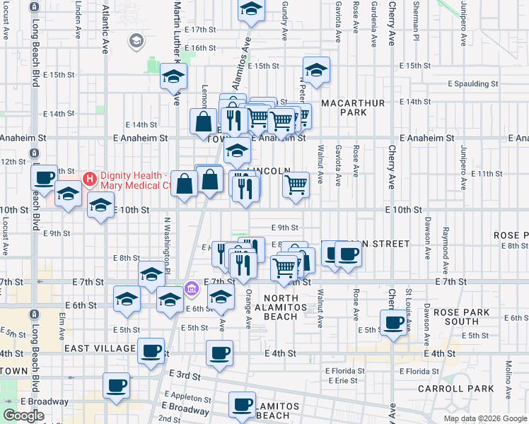 map of restaurants, bars, coffee shops, grocery stores, and more near 1222 East 10th Street in Long Beach
