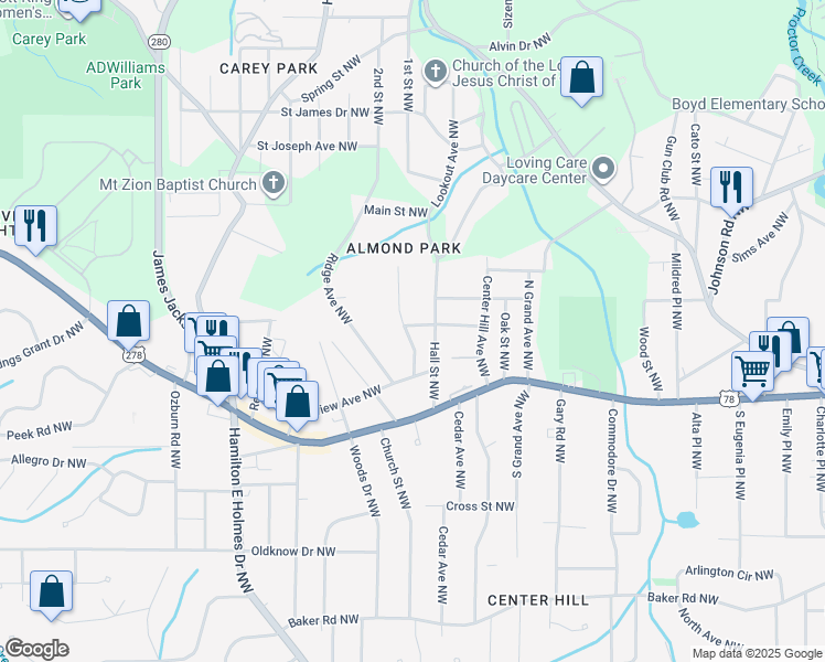 map of restaurants, bars, coffee shops, grocery stores, and more near 863 Capitol View Avenue Northwest in Atlanta