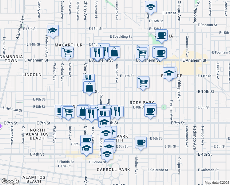 map of restaurants, bars, coffee shops, grocery stores, and more near 2 East 10th Street in Long Beach