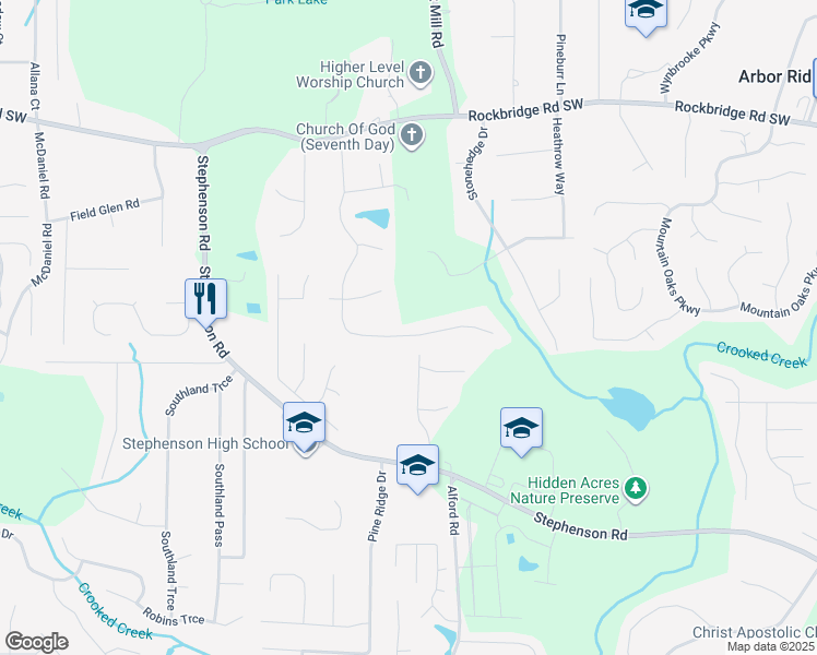 map of restaurants, bars, coffee shops, grocery stores, and more near 636 Raven Springs Trail in Stone Mountain