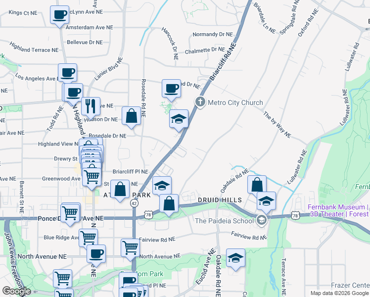 map of restaurants, bars, coffee shops, grocery stores, and more near 905 Briarcliff Road Northeast in Atlanta
