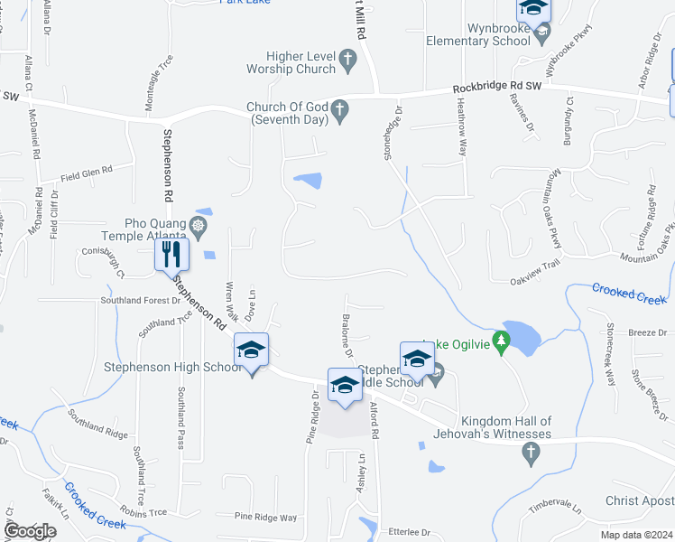 map of restaurants, bars, coffee shops, grocery stores, and more near 636 Raven Springs Trail in Stone Mountain