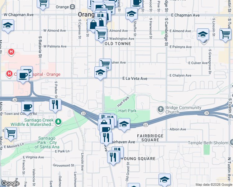 map of restaurants, bars, coffee shops, grocery stores, and more near 636 South Grand Street in Orange