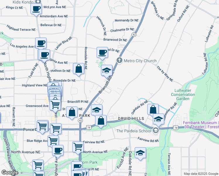 map of restaurants, bars, coffee shops, grocery stores, and more near 1242 Virginia Court in Atlanta