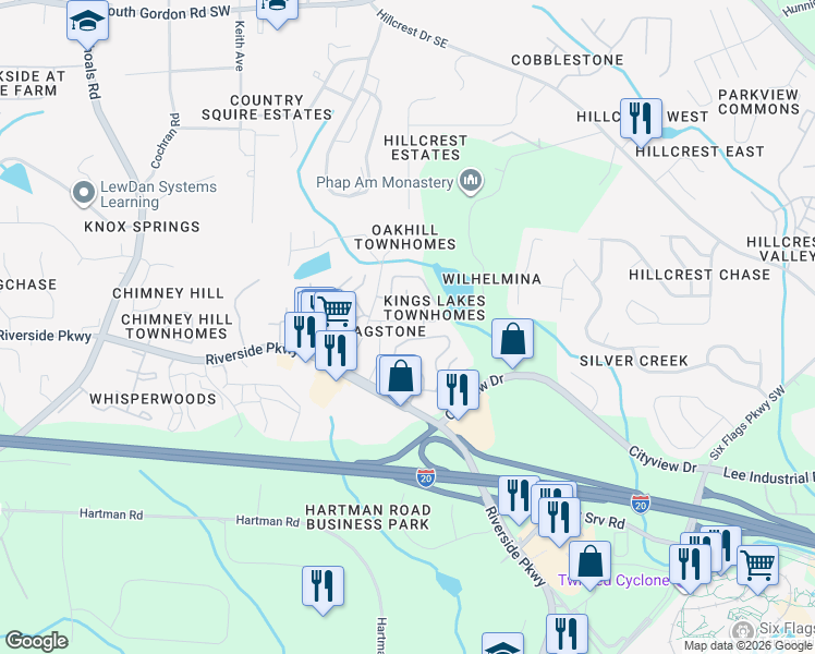 map of restaurants, bars, coffee shops, grocery stores, and more near 7256 Kings Cove in Austell