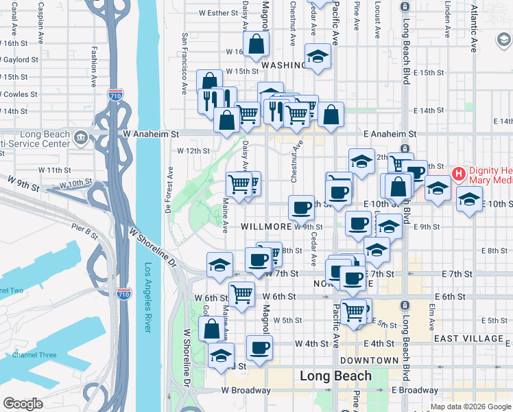map of restaurants, bars, coffee shops, grocery stores, and more near 526 1/2 West 10th Street in Long Beach