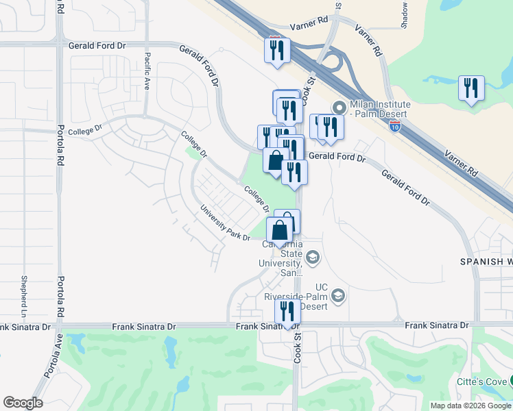 map of restaurants, bars, coffee shops, grocery stores, and more near 953 College Drive in Palm Desert